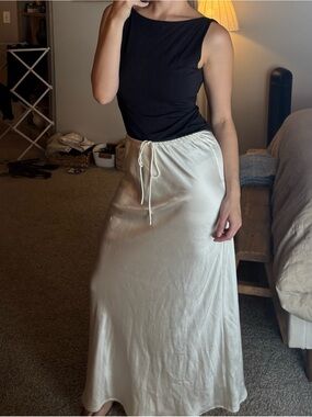 Satin Cream Drawstring Maxi Skirt — Sleek Everyday Style